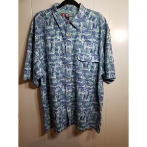 Reel Legends Performance‎ Mens Sz XXL Blue Green Fish Print Button up Hiking...